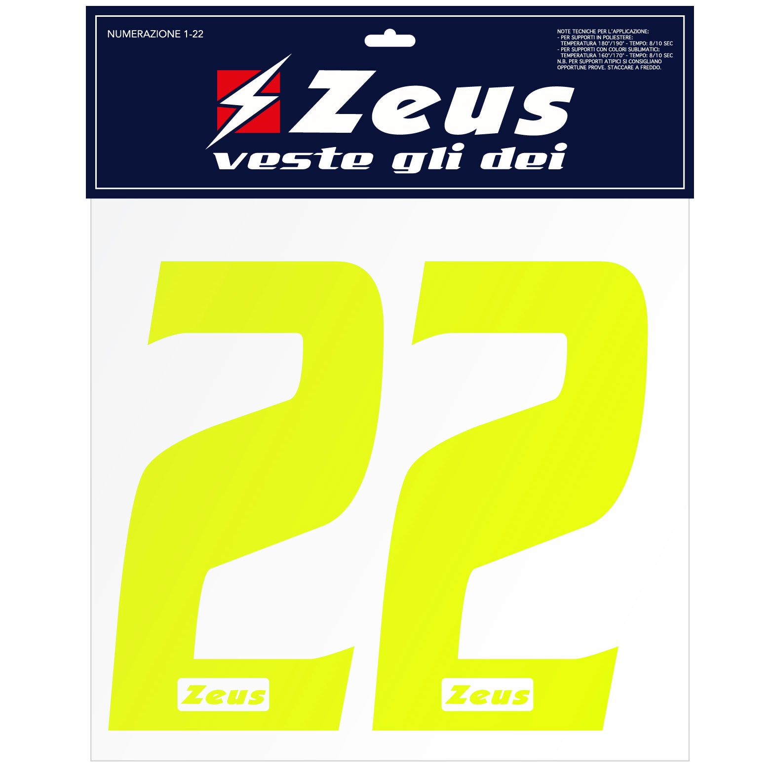 Zeus Kit de transfert des numÃ©ros de 1 Ã  22 25cm jaune nÃ©on senior